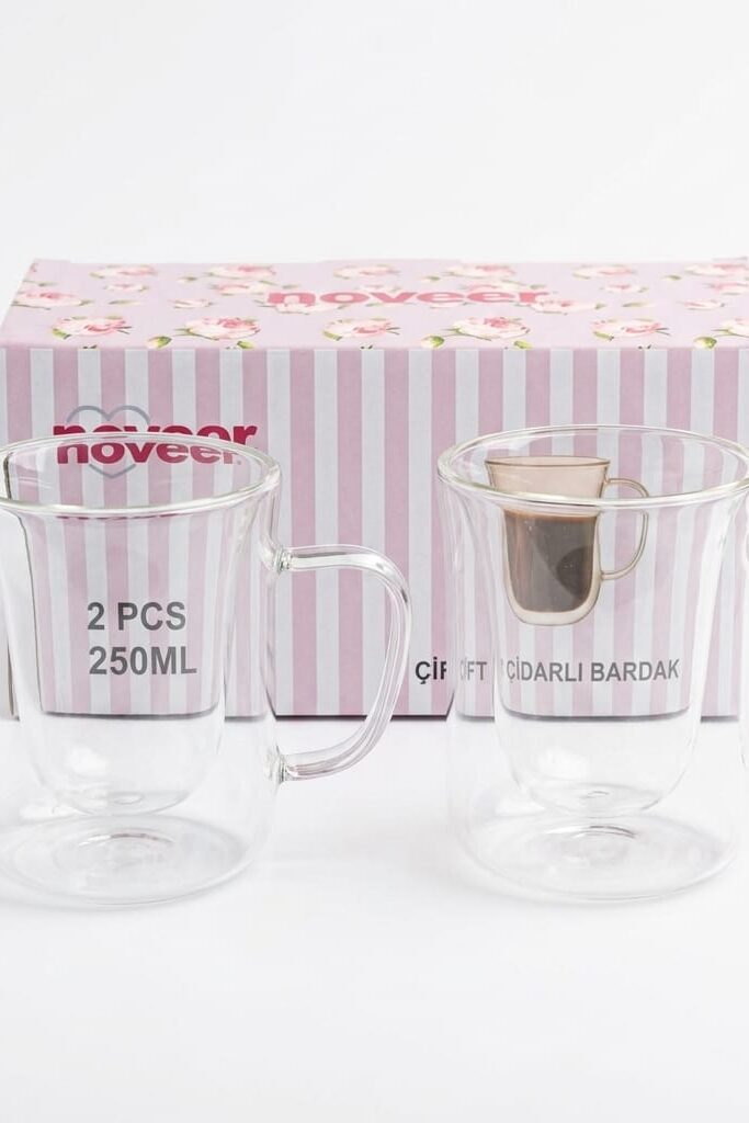 Noveer Çift Cidarlı Borosilikat Cam Kupa 250 ml 2'li Set | Isıya Dayanıklı El Yakmaz Bardak